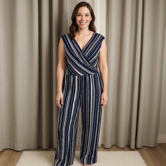 Emma & Michele Blue White Stripe Jersey V Neck Wide Leg Jumpsuit Size Large - Picture 1 of 14